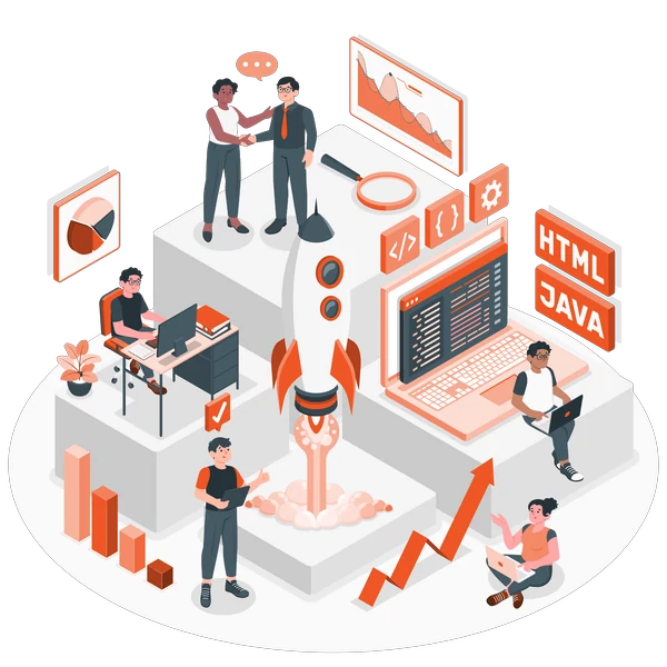 Illustration of a software team building and launching applications